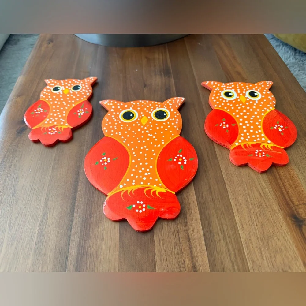 Set of Three Wood Orange Owl Wall Art